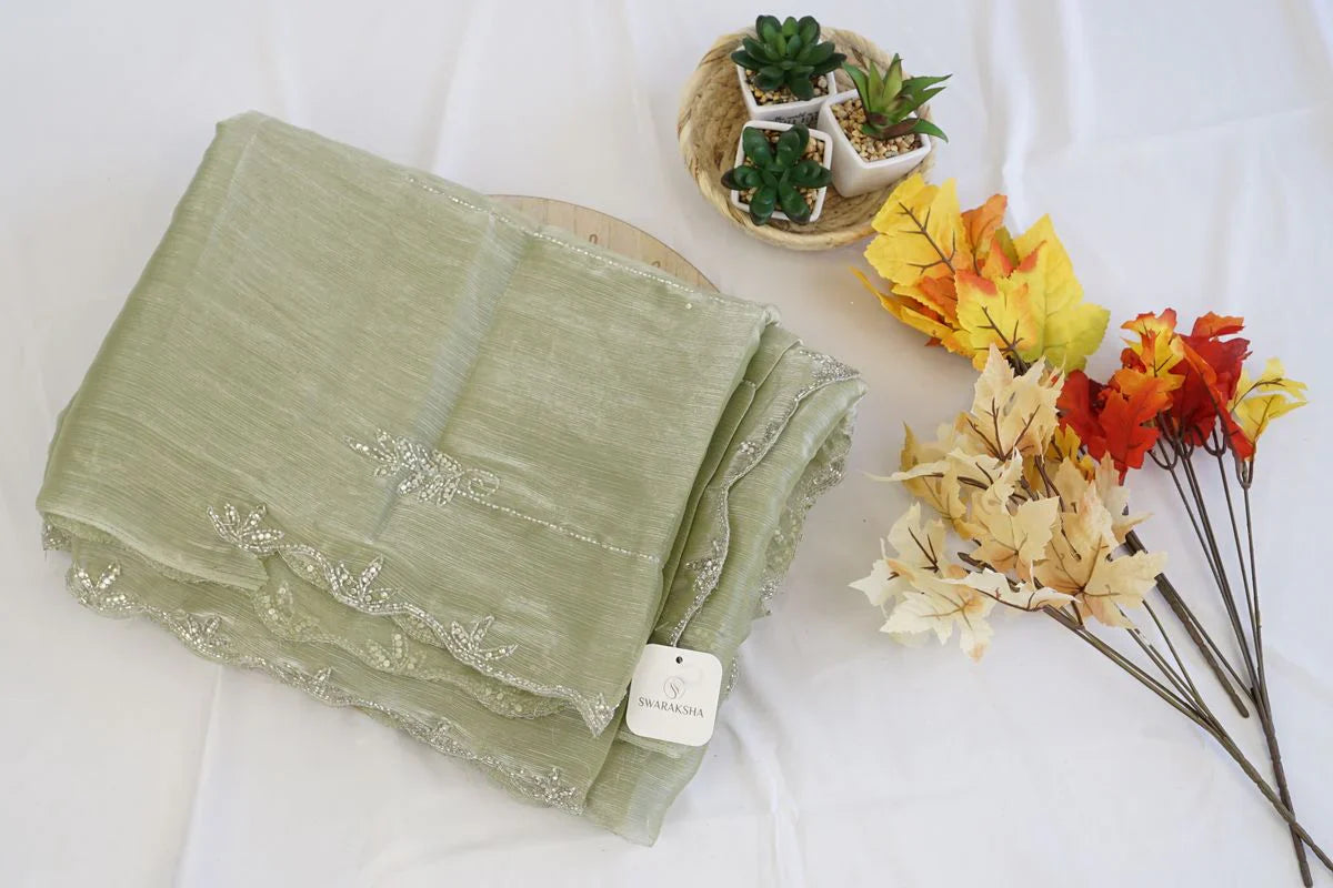 Sage Green Organza Silk Saree with Beaded Border and Leaf Embroidery – Elegant Designer Saree in USA