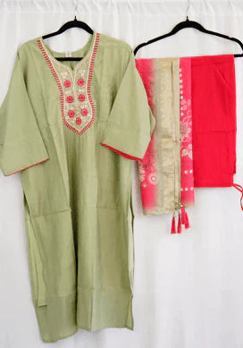 Pista Green Embroidered Kurta Set with Red Dupatta in USA – Available at Swaraksha Fashions, Overland Park KS