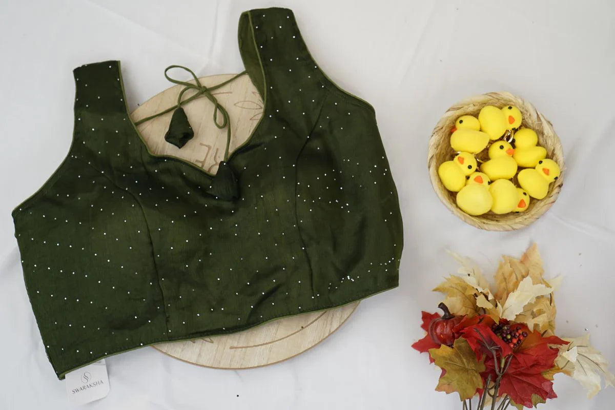 Olive Green Elegant Sequin Dotted Blouse – Glamorous Ethnic Fashion in USA at Swaraksha Fashions
