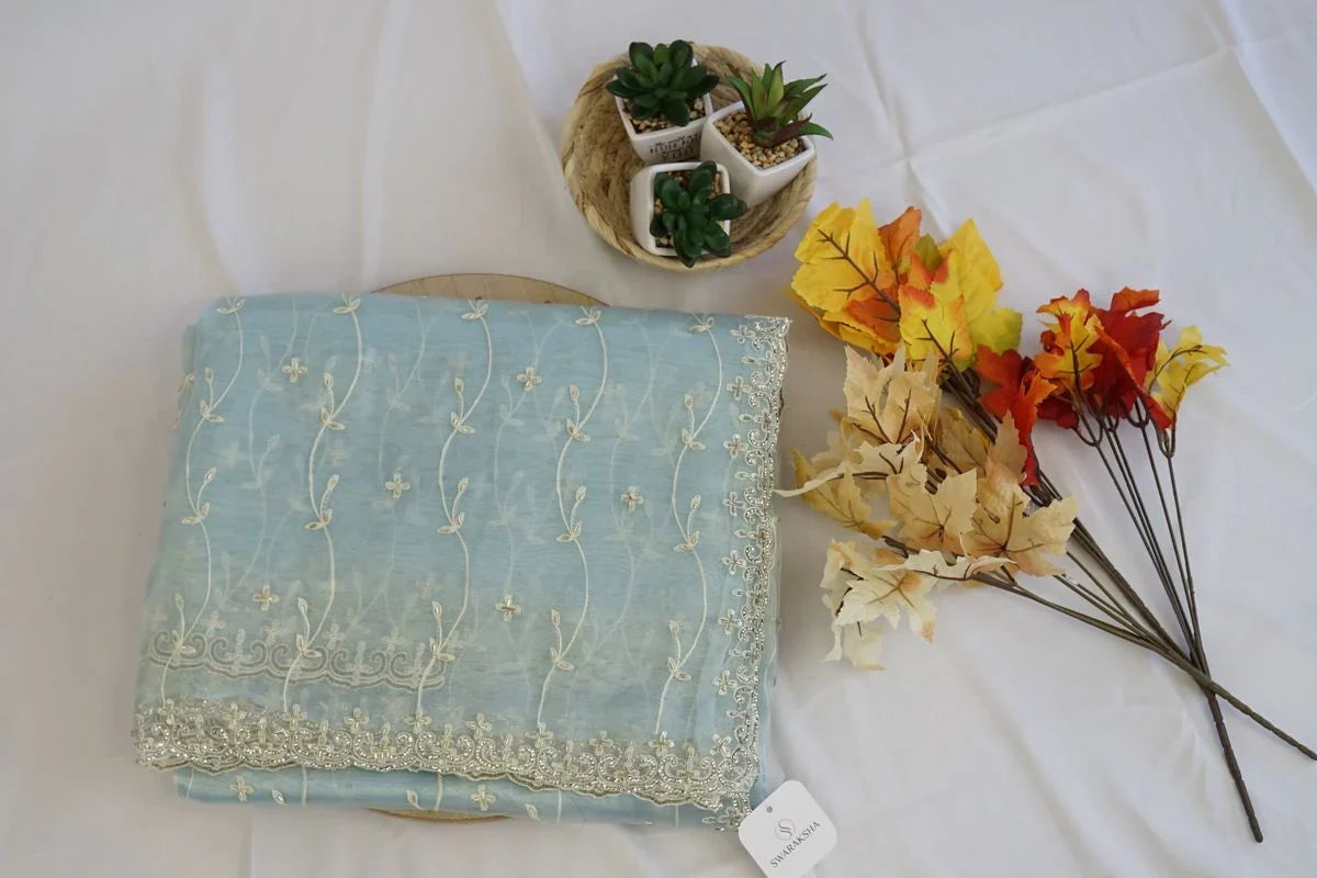 Sky Blue Floral Embroidered Net Saree with Stone Border
