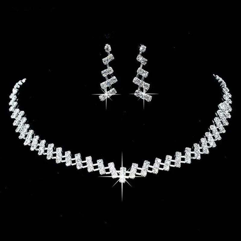 Silver Zigzag Crystal Necklace & Earrings Set – Contemporary Sparkle and Elegance in USA