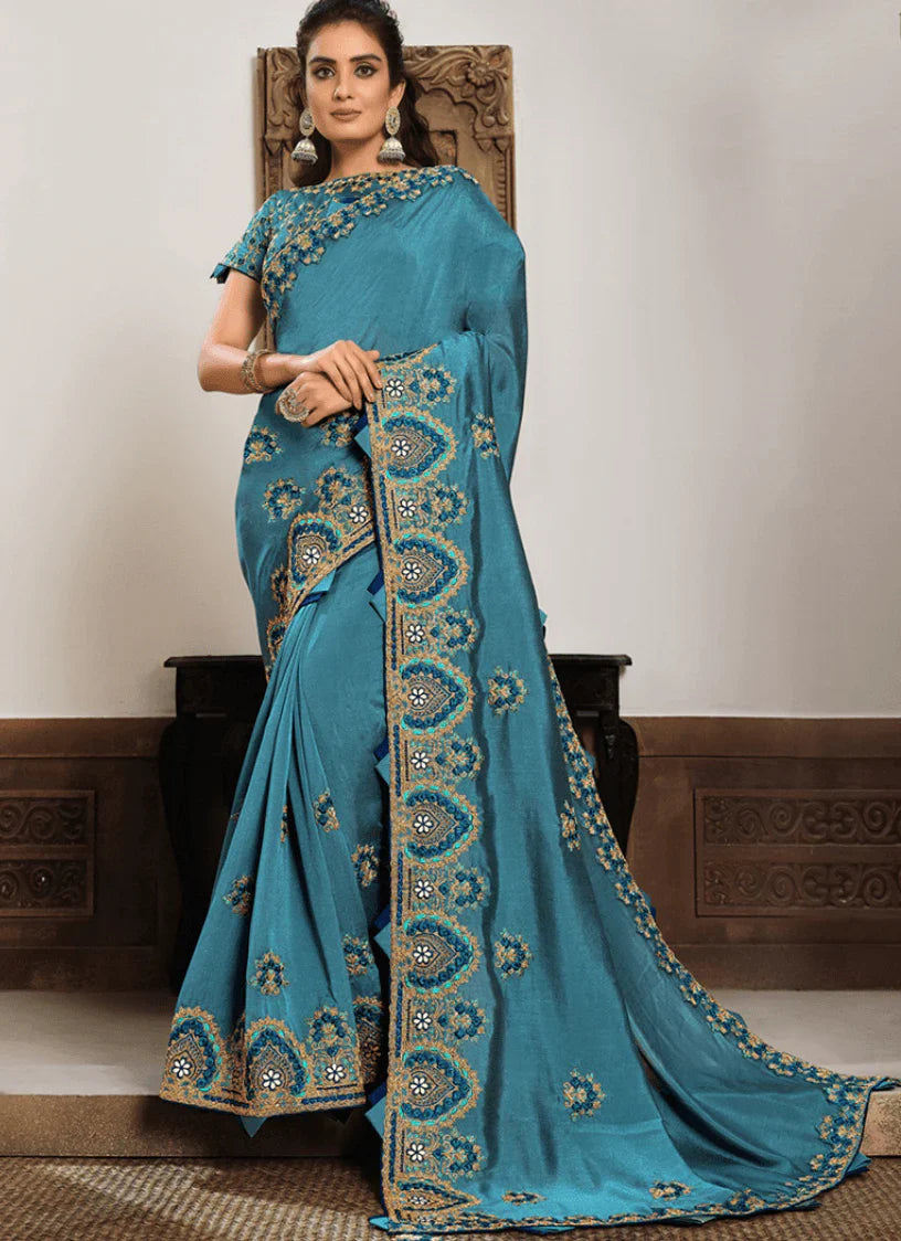 Blue Silk Georgette Embroidery Work Saree – Timeless Designer Elegance in USA