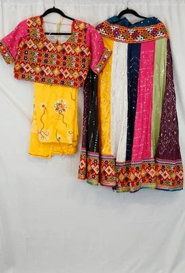 Multicolor Garba Lehenga Set with Pink Kutchi Blouse and Yellow Dupatta – Designer Navratri & Dandiya Outfit in USA