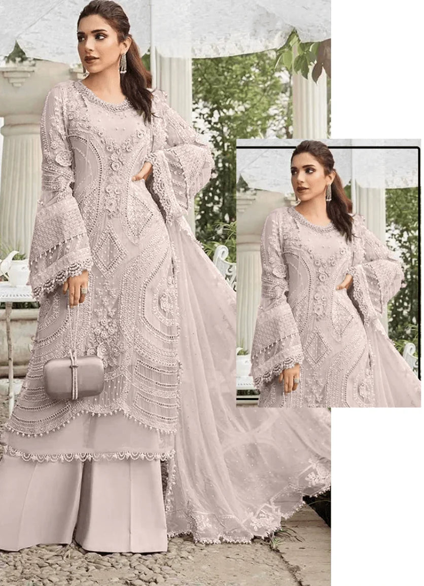 Off White Faux Georgette Embroidery Work Palazzo Suit – Elegant Ethnic Wear in USA