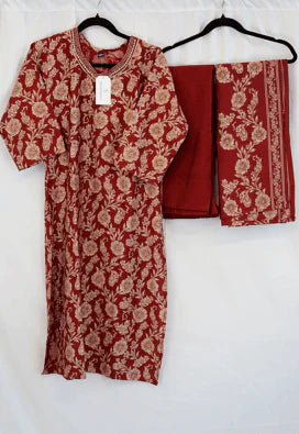 Maroon Floral Print Cotton Kurti Set – Comfortable Ethnic Fashion in USA at Swaraksha Fashions