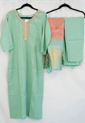 Mint Green Embroidered Kurta Set with Soft Printed Dupatta – Elegant Indian Ethnic Wear in USA