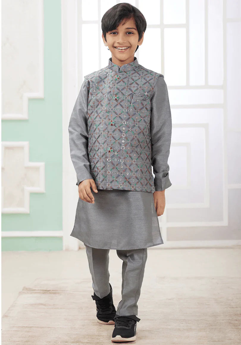 Dark Grey Art Banarasi Silk Printed Readymade Kids Kurta Pajama – Elegant Kids Ethnic Wear in USA at Swaraksha Fashions