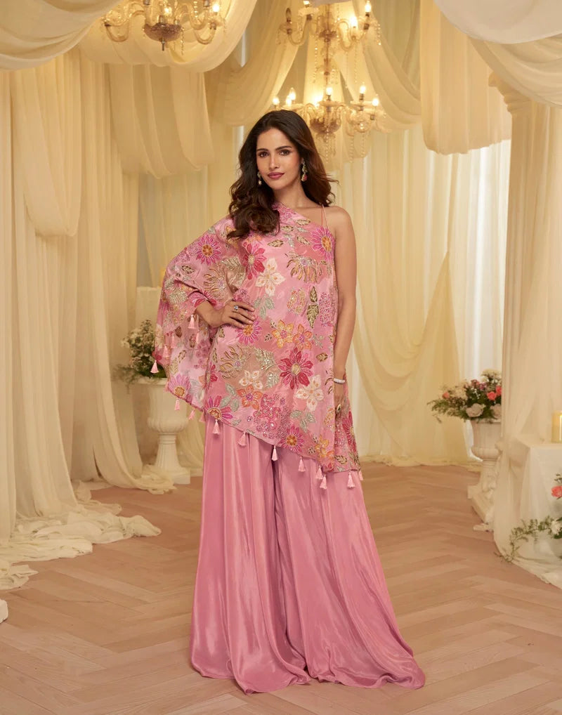 Blush Pink Floral Cape Sharara Set – Elegant USA Ethnic Fashion at Swaraksha Fashions