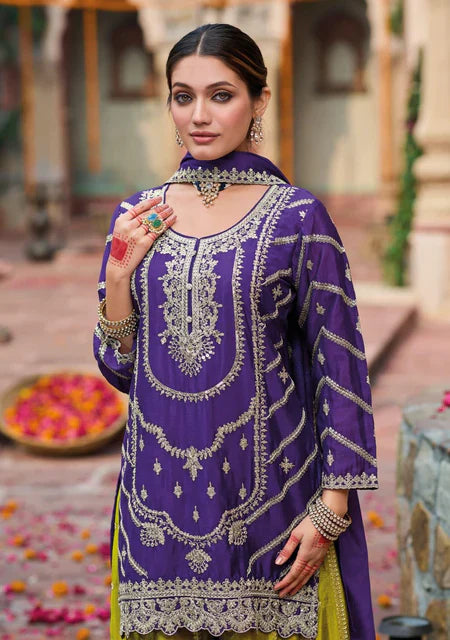 Eba K Royal Purple & Olive Green Embroidered Kurti Palazzo Set – A Striking Fusion of Elegance in the USA