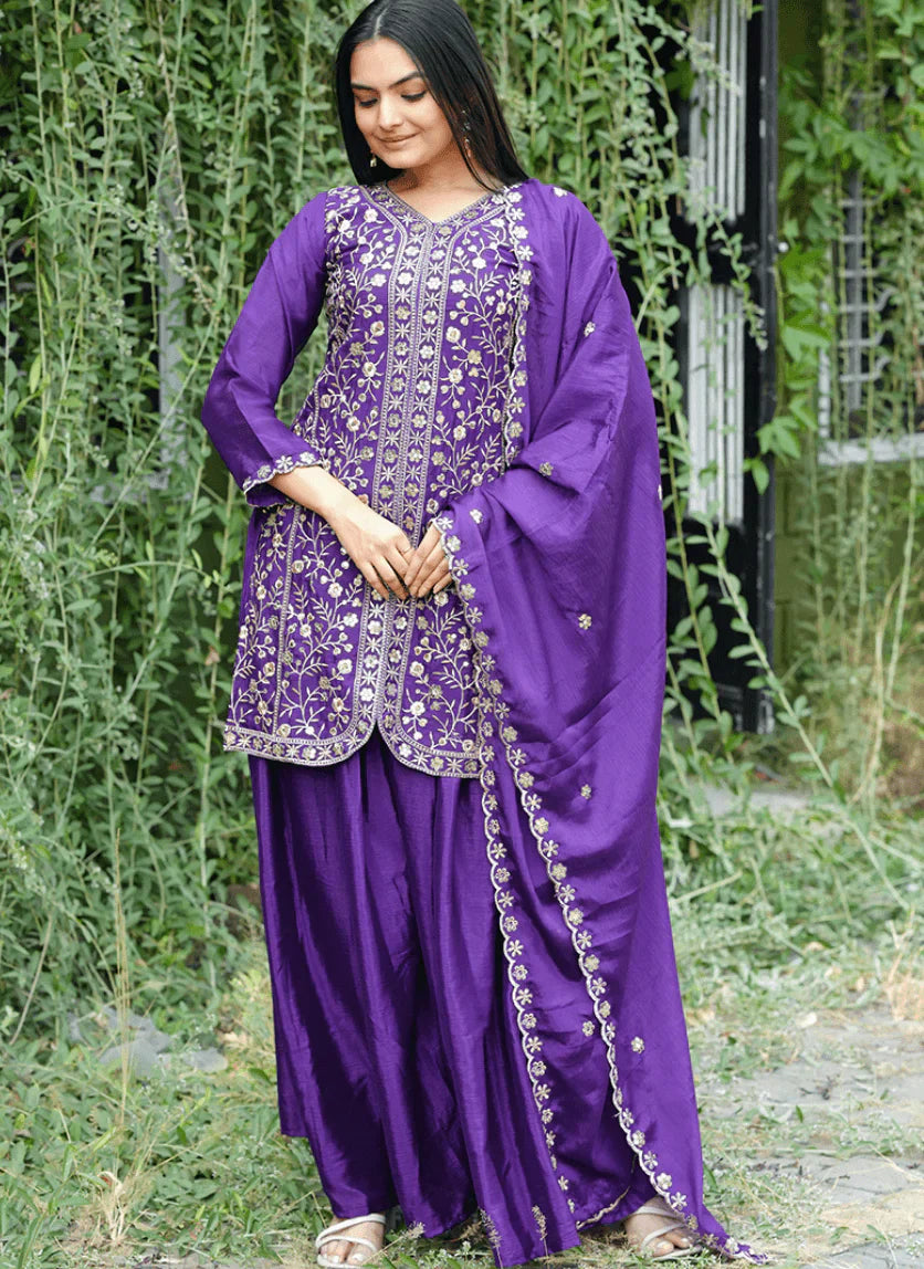 Purple Embroidered Silk Kurti Sharara Set with Dupatta – Elegant Festive Fashion for Women in USA
