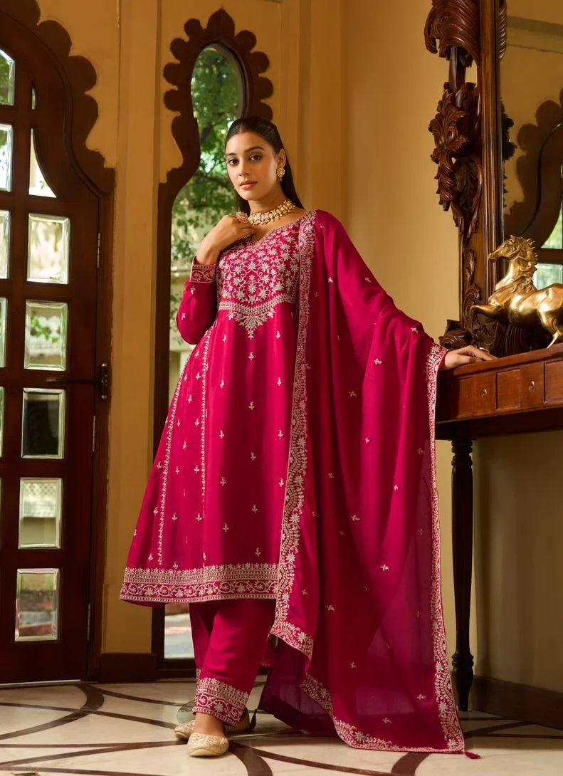 Sanika Ruby Pink Zari Embroidered Kurti Pant Set with Dupatta
