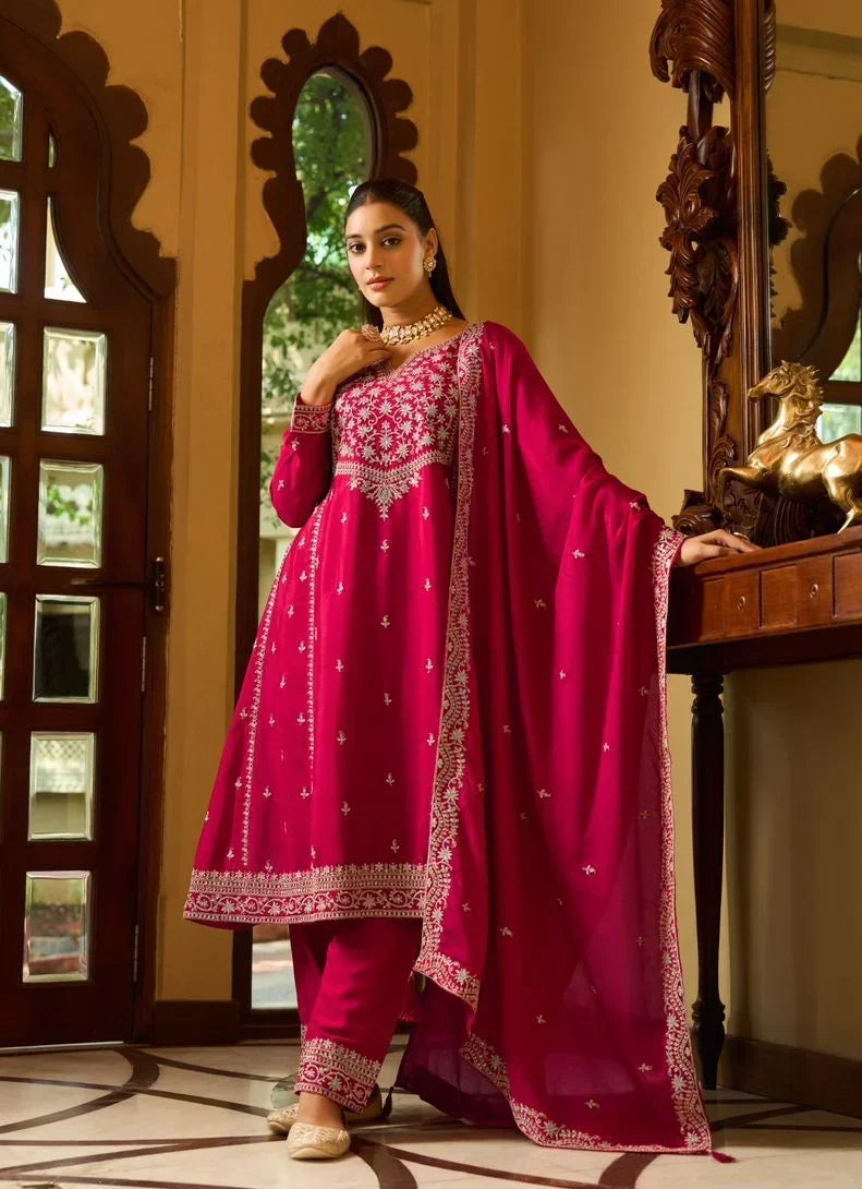 Sanika Ruby Pink Zari Embroidered Kurti Pant Set with Dupatta – Elegant Designer Ethnic Wear in USA
