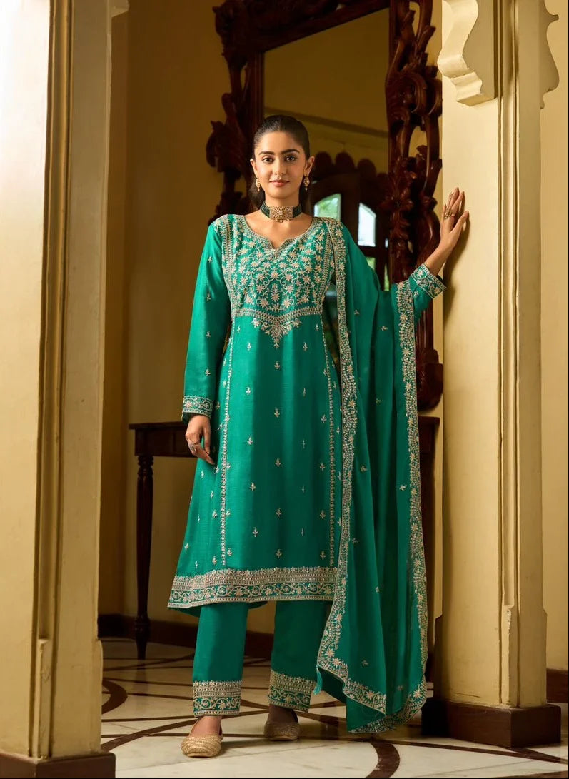 Sanika Emerald Green Embroidered Kurti Pant Set with Dupatta