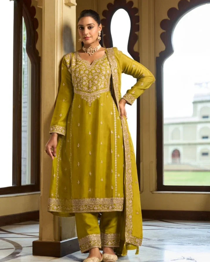 Sanika Olive Mustard Embroidered Kurti Pant Set with Dupatta