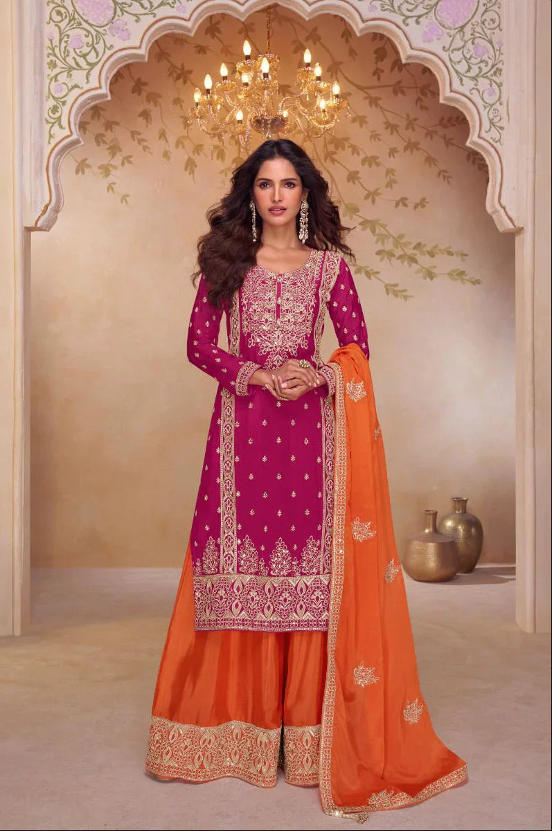 Gulkayra S Magenta Embroidered Kurti Sharara Set with Orange Dupatta in USA – Available at Swaraksha Fashions, Overland Park KS