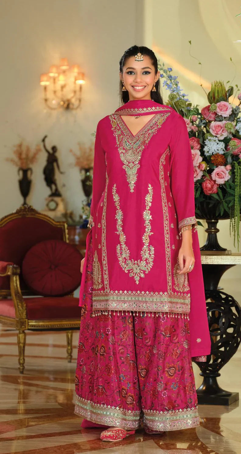 Eba R Rani Pink Embroidered Festive Kurti Palazzo Set – Premium Indian Ethnic Wear in USA