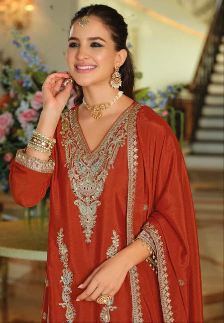 Eba R Rust Orange Embroidered Kurti with Printed Palazzo Set – Vibrant Indo-Western Style in the USA
