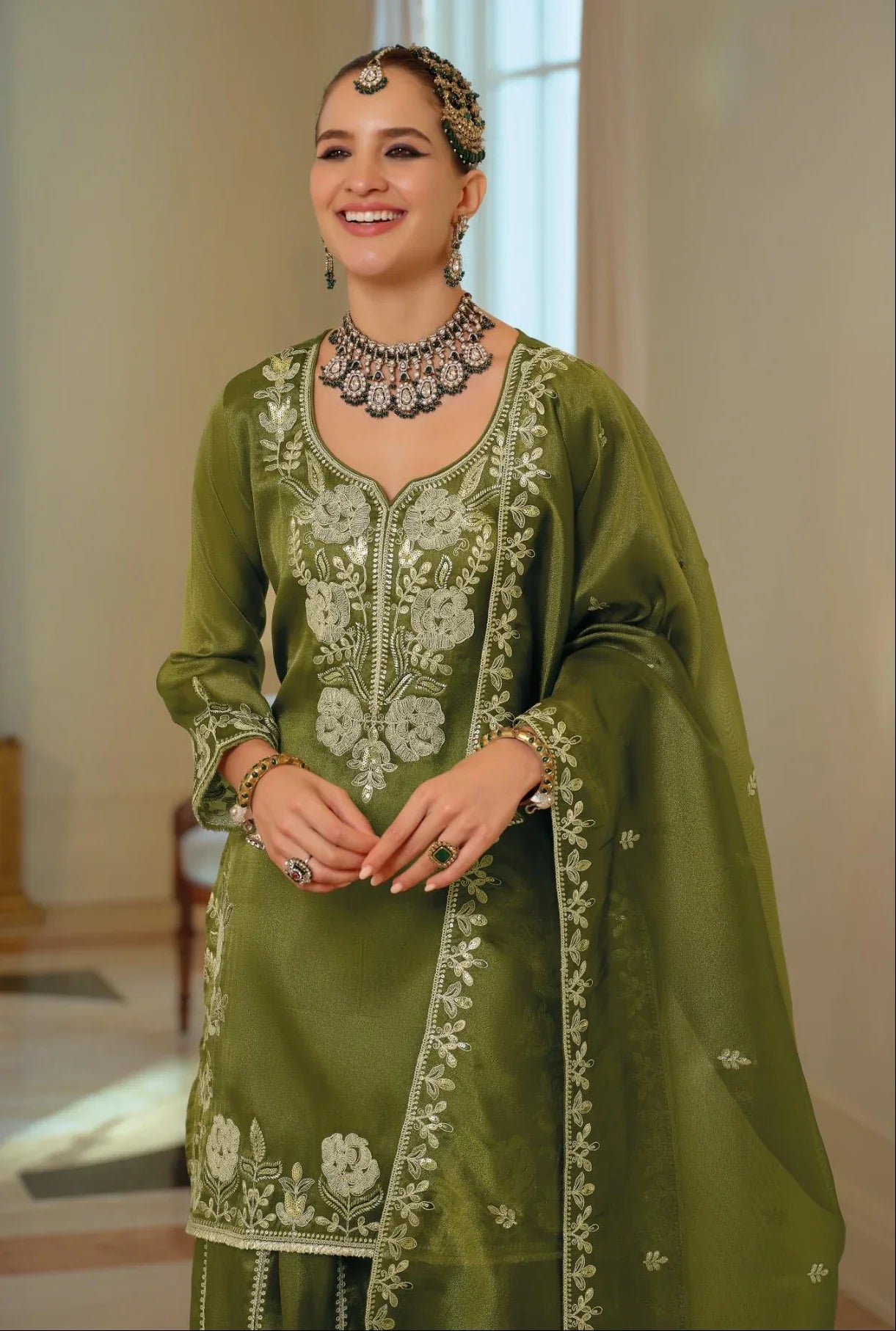 Eba N Olive Green Embroidered Designer Kurti Palazzo Set – Timeless Festive Elegance and Designer Fashion in USA