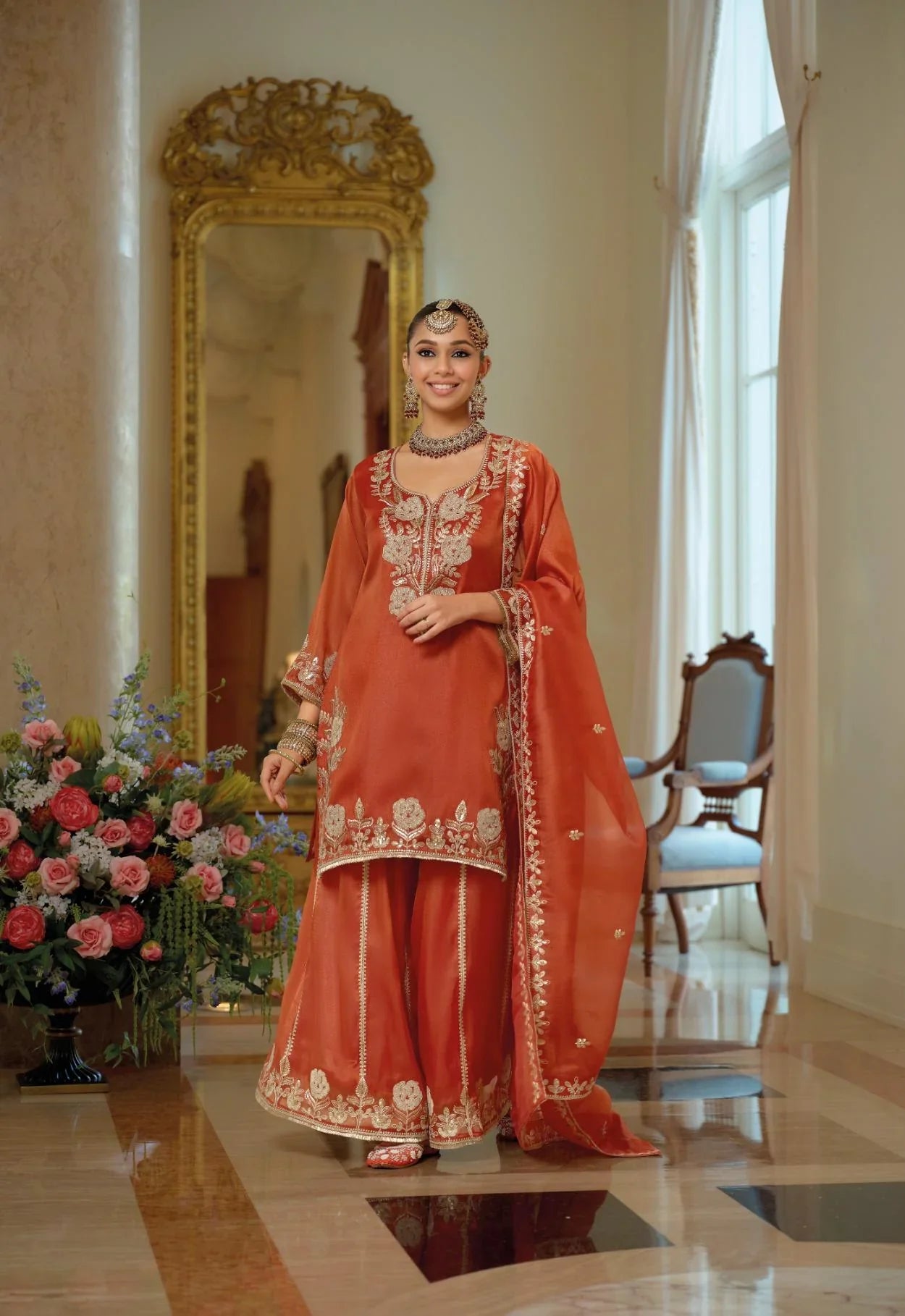 Eba N Rust Orange Embroidered Festive Kurti Palazzo Set – Elegant Ethnic Fashion in USA
