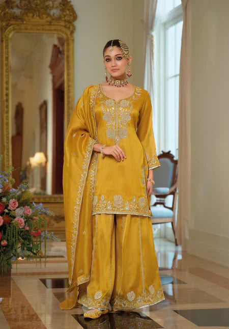 Eba N Golden Mustard Embroidered Designer Kurti Palazzo Set – Radiant Festive Elegance in the USA