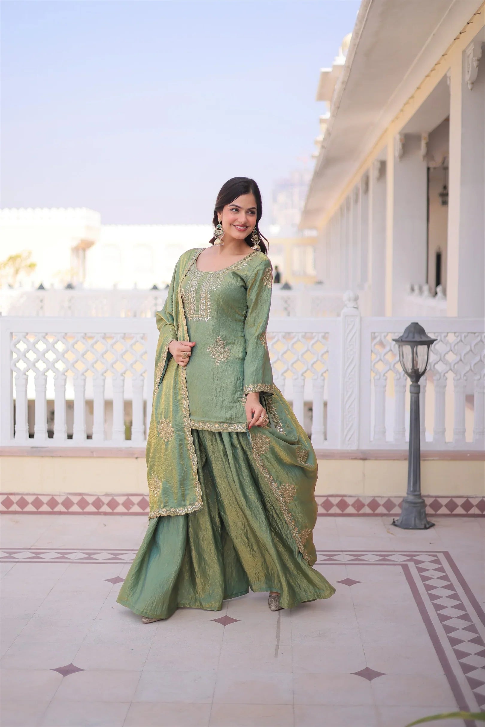 Sage Green Fendi Crush Zari Sequins Embroidered Kurti Sharara Set in USA – Available at Swaraksha Fashions, Overland Park KS