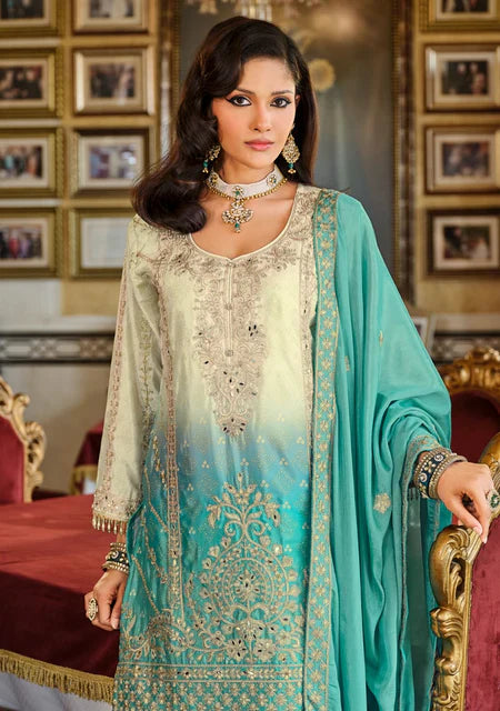 Eba RG Sea Green Ombre Embroidered Kurti Palazzo Set – Refreshing Elegance for Every Occasion in the USA