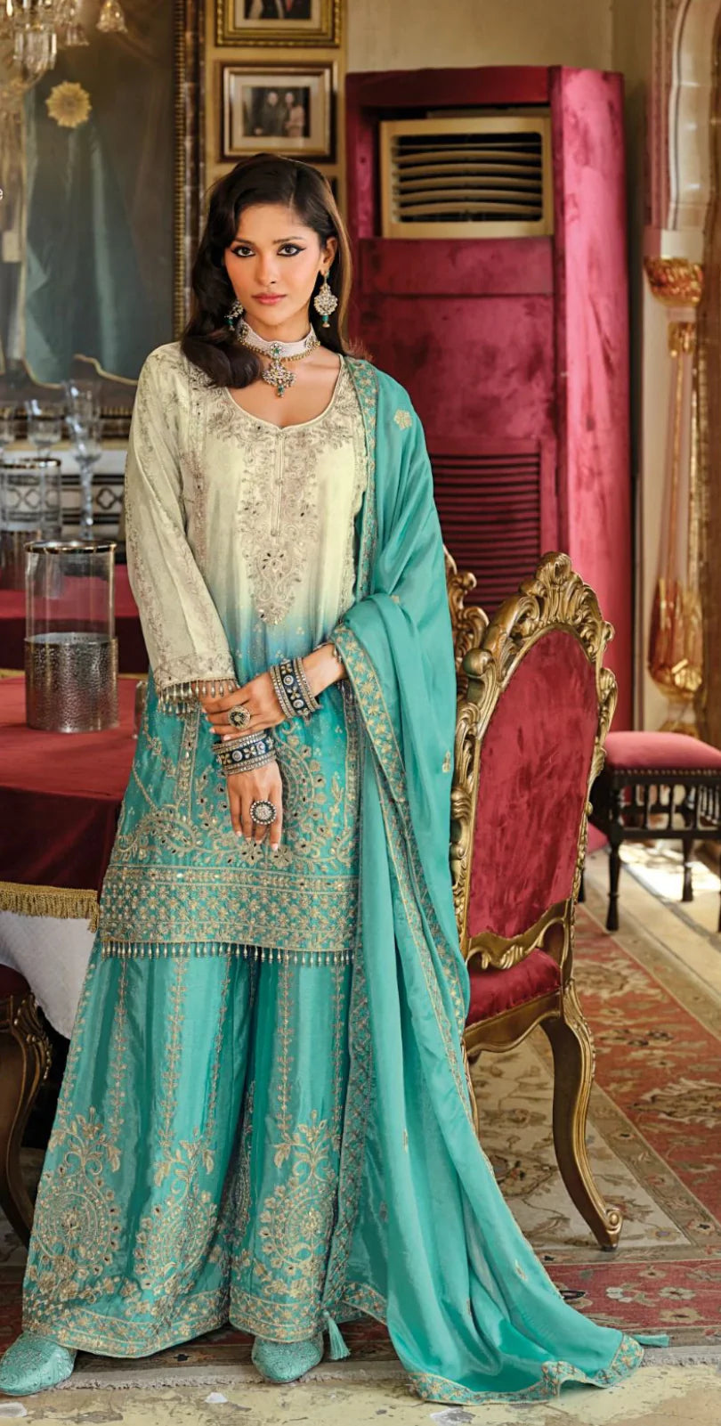 Eba RG Sea Green Ombre Embroidered Kurti Palazzo Set – Refreshing Elegance and Festive Sophistication in USA