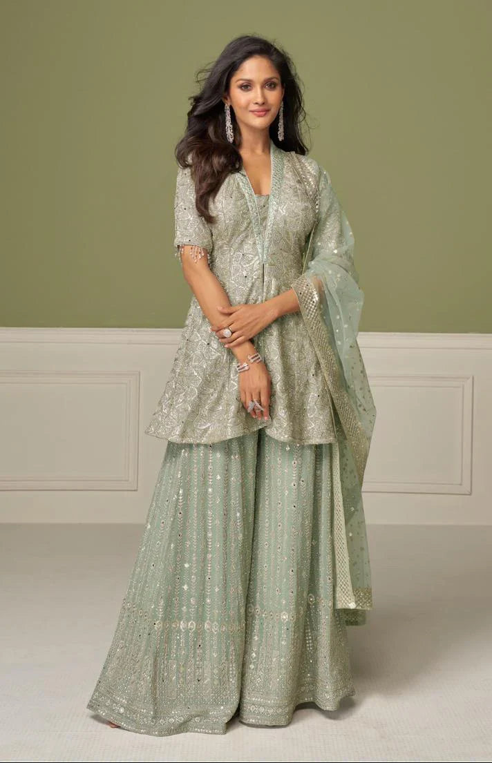 Gulkayra A Mint Green Embroidered Peplum Kurti Sharara Set – Elegant Designer Ethnic Wear in USA