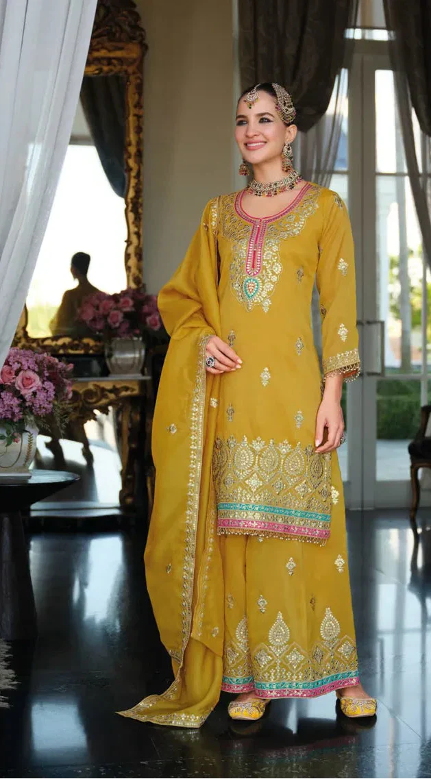 Eba M Mustard Gold Embroidered Festive Kurti Palazzo Set – Radiant Ethnic Fashion in USA