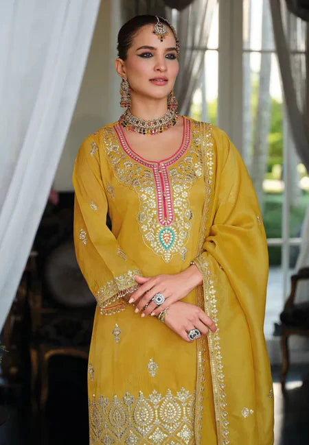 Eba M Mustard Gold Embroidered Festive Kurti Palazzo Set – Timeless Festive Glamour in the USA