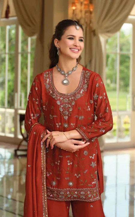 Eba T Burnt Orange Floral Embroidered Kurti Palazzo Set – Effortless Festive Charm in the USA