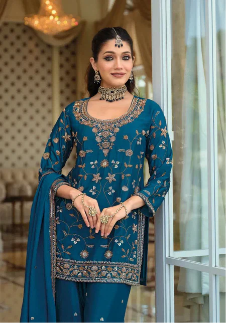 Eba T Teal Blue Floral Embroidered Kurti Palazzo Set – Refreshing Elegance for the USA