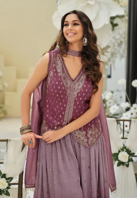 Rosewood Elegance Embroidered Indo-Western Palazzo Set in USA – Available at Swaraksha Fashions, Overland Park KS
