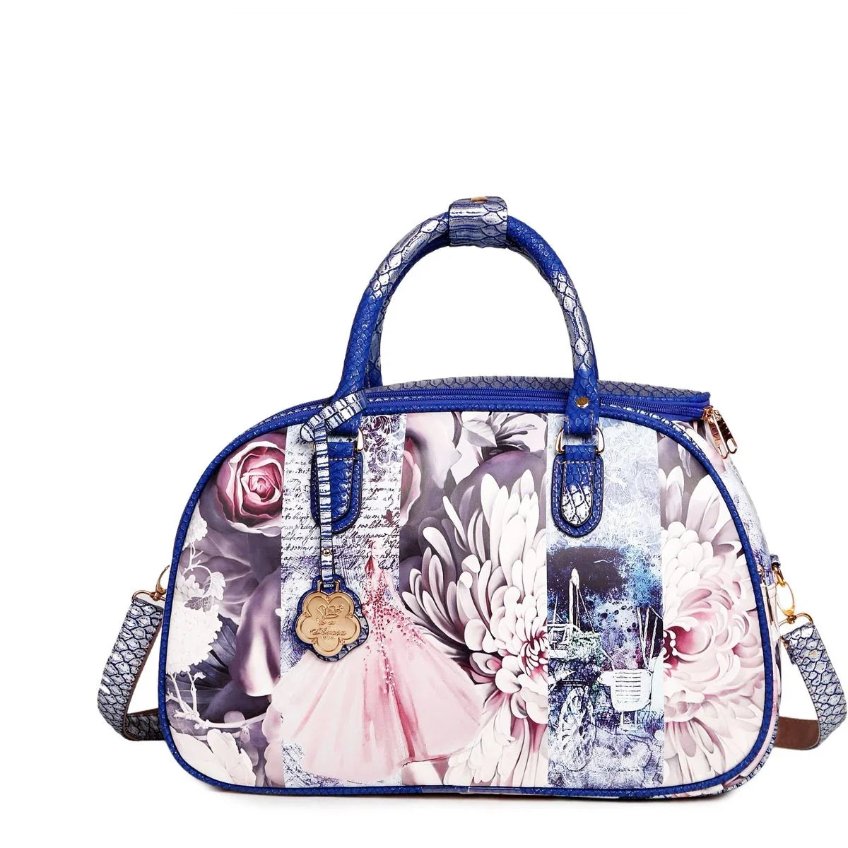 Blue Python Trim Graphic Print Doctor Bag – Elegant Designer Women's Handbag in USA