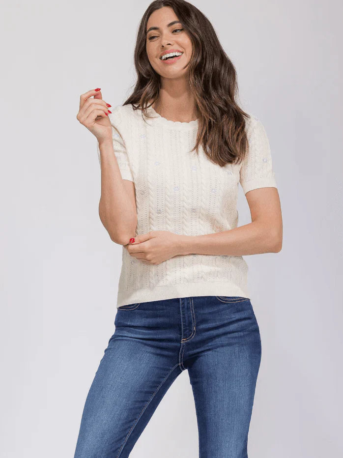 Cream Short Sleeve Knit Floral Detail Sweater – Elegant Women’s Knitwear in USA at Swaraksha Fashions