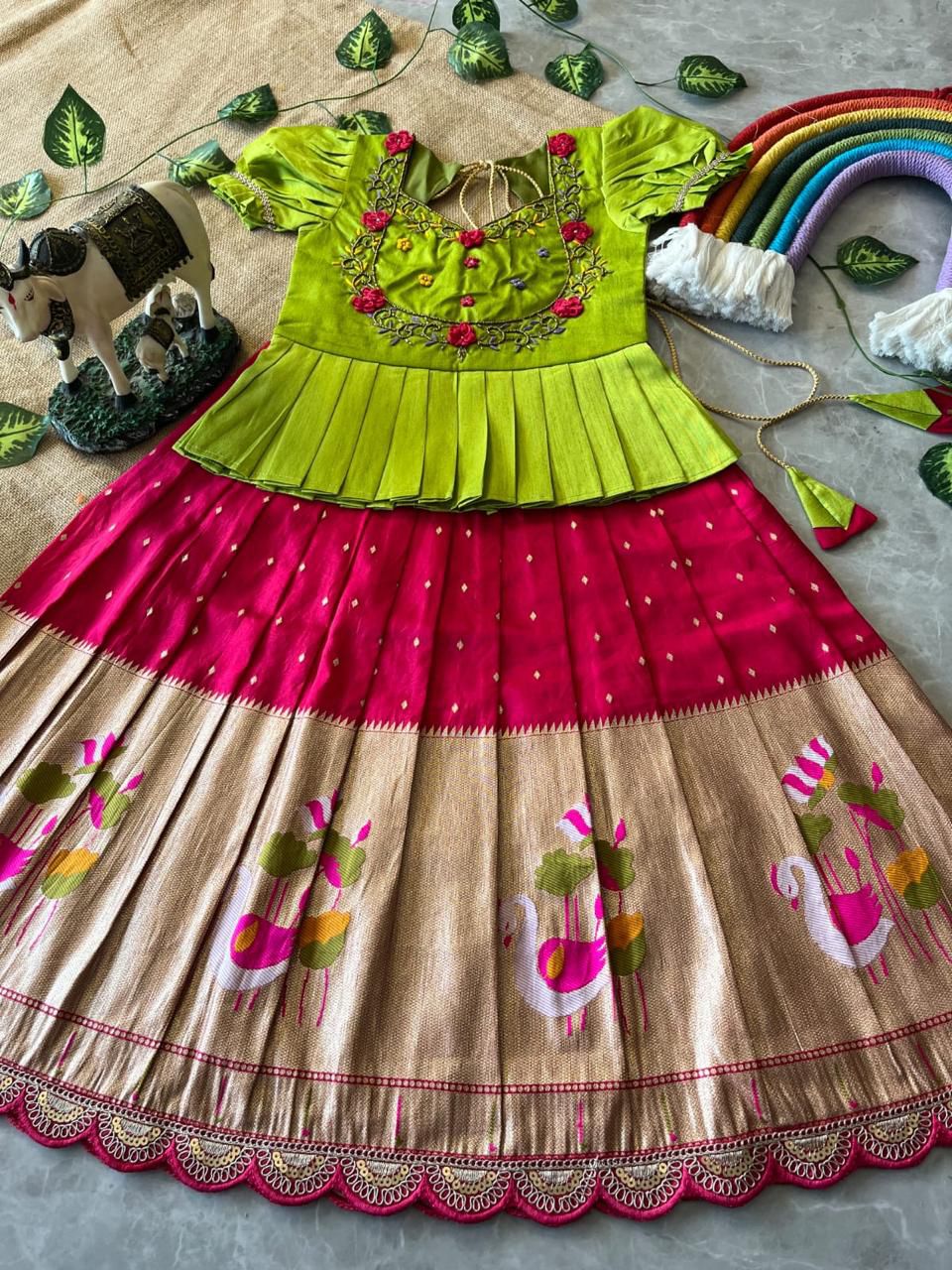 Green & Pink Traditional Kids Lehenga Choli Set with Embroidered Top – Festive Girls’ Ethnic Wear in USA