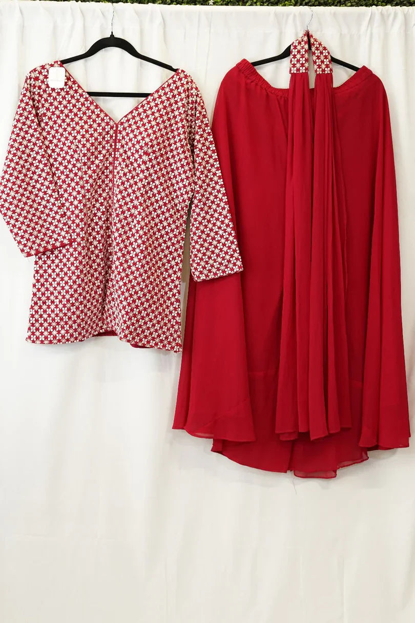 Red & White Printed Sharara Set with Chiffon Dupatta – Elegant Ethnic Wear in USA at Swaraksha Fashions