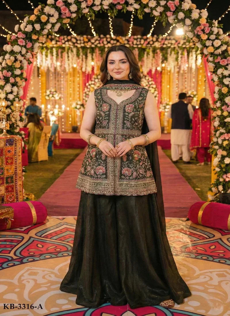 Dark Green Embroidered Sharara Set with Jacket – Premium USA Ethnic Fashion at Swaraksha Fashions