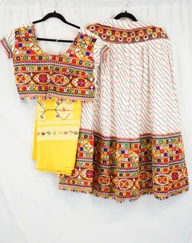 White and Yellow Garba Lehenga Set with Multicolor Kutchi Embroidery and Mirror Work – Designer Navratri & Dandiya Outfit in USA