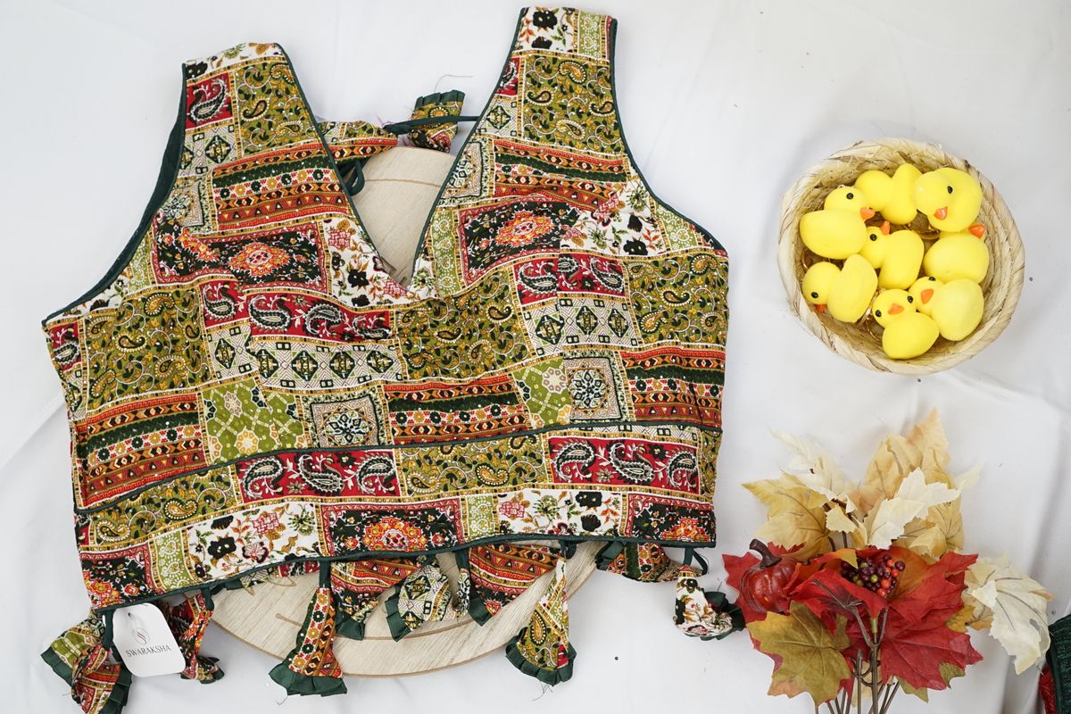 Multicolor Ajrakh Printed Cotton Garba Blouse with Tassels – Traditional Navratri & Garba Wear in USA