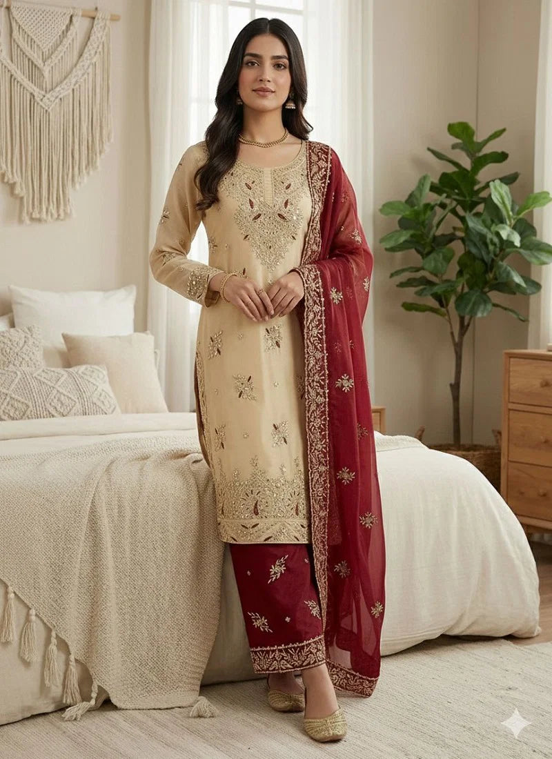 Beige Embroidered Kurta Set with Maroon Dupatta