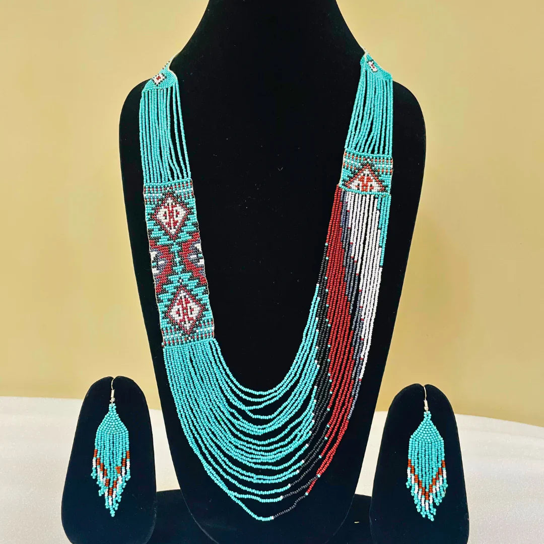 Blue Bead Set | Beaded Jewelry | Red & White Pattern Jewelry – Handcrafted Elegance for Every Occasion in USA