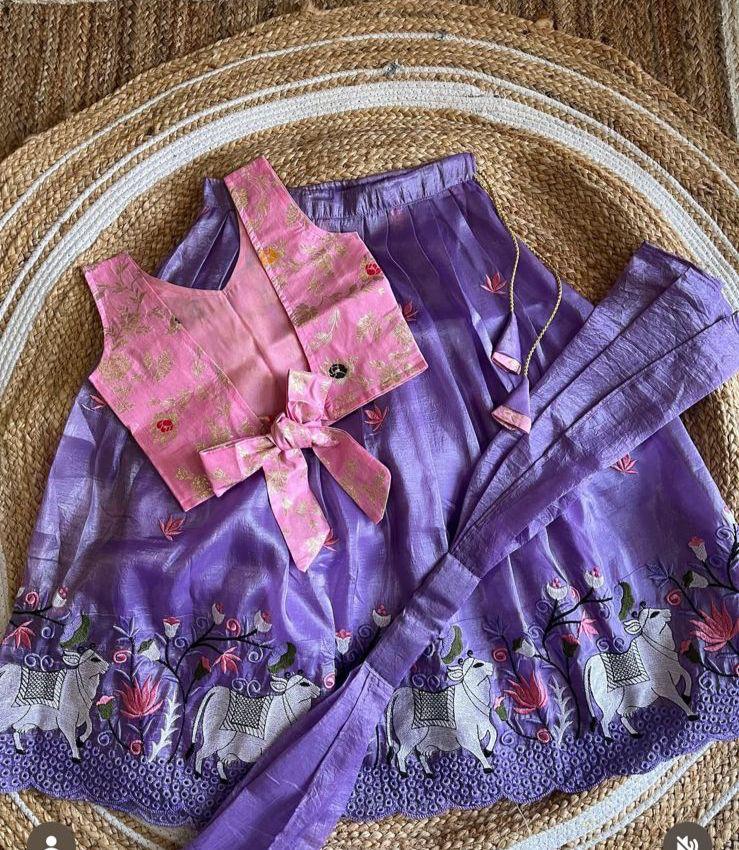 Lavender Printed Kids Lehenga Choli Set with Pink Embroidered Jacket – Stylish Girls’ Ethnic Wear in USA