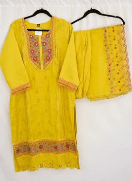 Mustard Yellow Thread and Mirror Work Kurti Set with Embroidered Dupatta