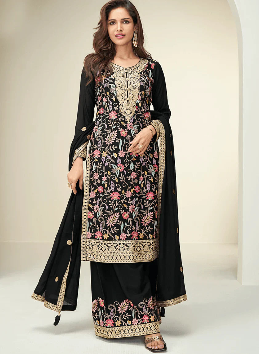 Black Heavy Embroidered Kurta Palazzo Set with Dupatta – Sophisticated Luxury Ethnic Wear for Women in USA