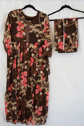 Chocolate Brown Floral Printed Georgette Dress with Matching Dupatta in USA – Available at Swaraksha Fashions, Overland Park KS
