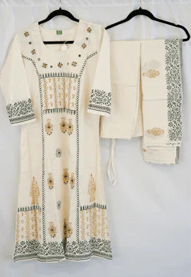 Ivory Block Print Cotton Kurti Set in USA – Available at Swaraksha Fashions, Overland Park KS