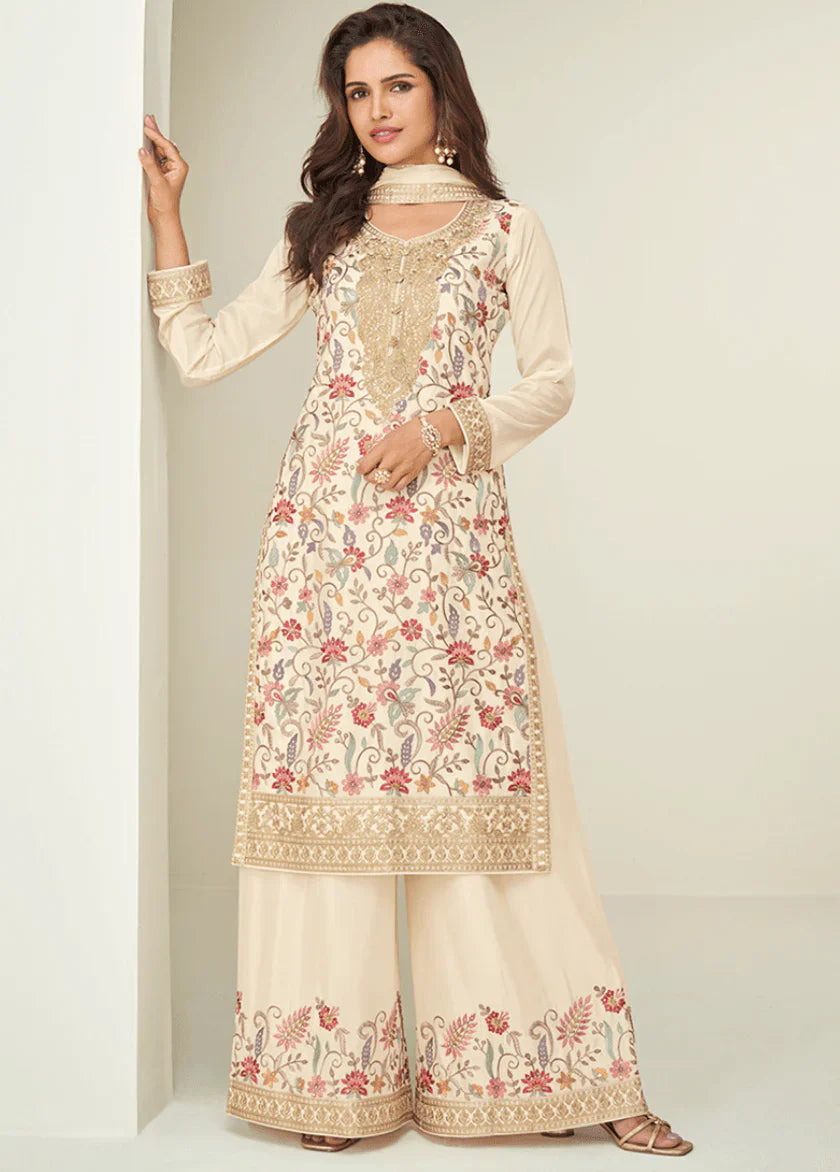 Cream Multicolor Embroidered Kurta Palazzo Set with Dupatta – Premium Indian Ethnic Wear in USA