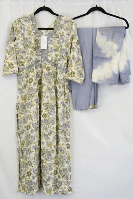 Ivory & Lavender Floral Printed Cotton Kurta Set with Ombre Dupatta in USA – Available at Swaraksha Fashions, Overland Park KS