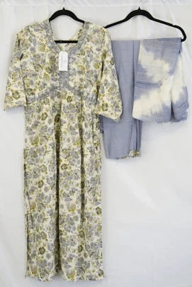 Ivory & Lavender Floral Printed Cotton Kurta Set with Ombre Dupatta